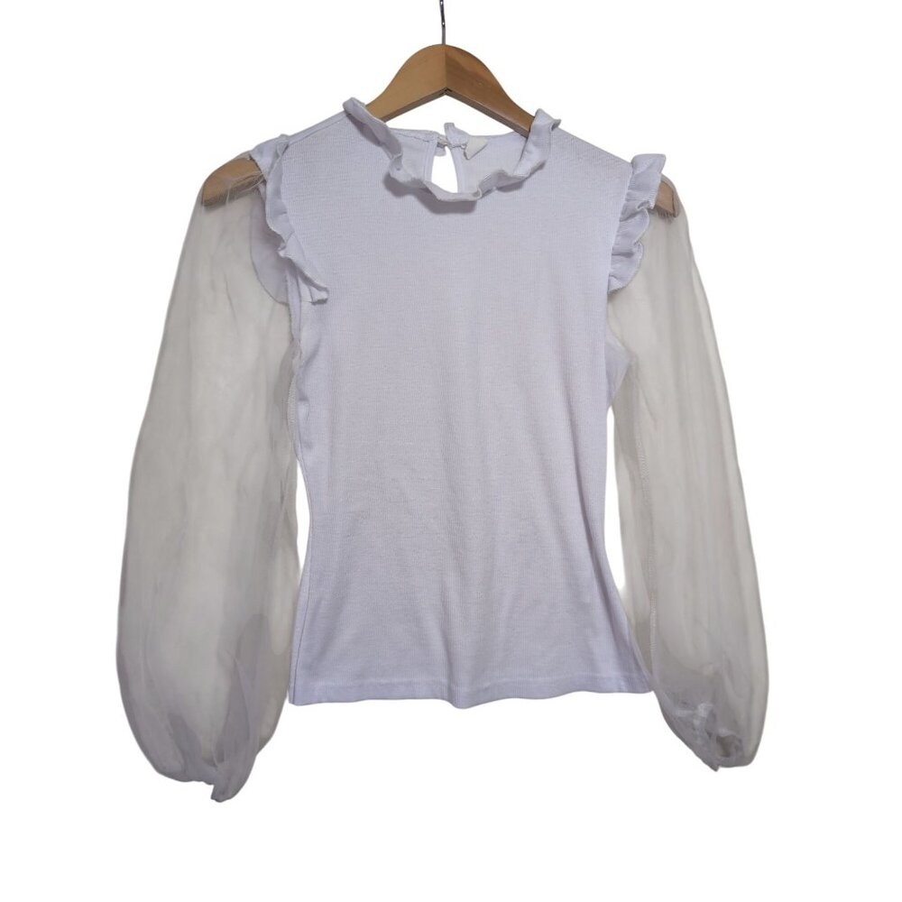 Fitted‎ Blouse Sheer Long Sleeve Womens S White Ribbed Bodice Ruffle Detail